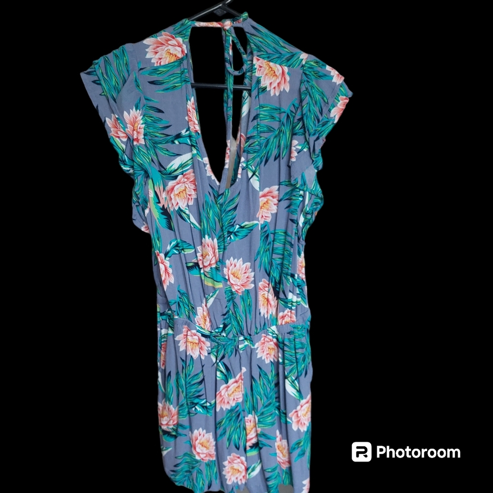 Blue green and pink floral romper